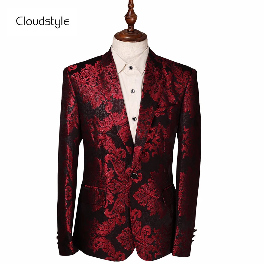 Cloudstyle 2018 Costume Male Jacket Wine Red Flower