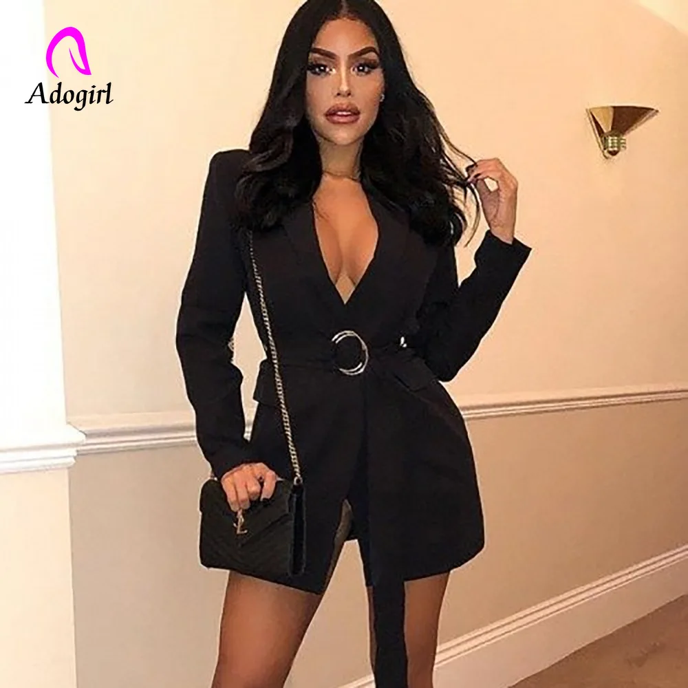 Adogirl Brief OL Solid Hidden Breasted Long Women Suits Blazer Feminino Jacket Office Ladies Pockets Business Sash Blazer Mujer
