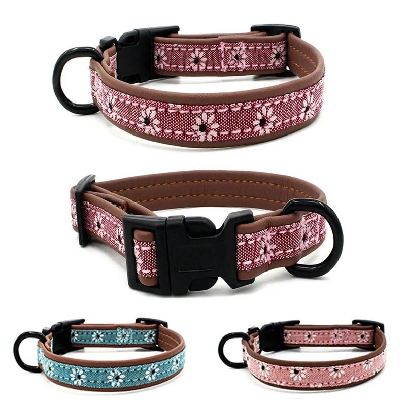 

Floral Print Cotton Pet Dog Collar with Soft Leather Padded Adjustable Durable Flower Dog Collar for All Size Female Dogs Cats