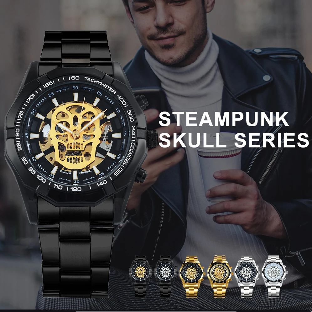 Победитель стимпанк Череп Авто механические часы для мужчин черный нержавеющая сталь ремешок Скелет циферблат Мода Прохладный Дизайн наручные часы