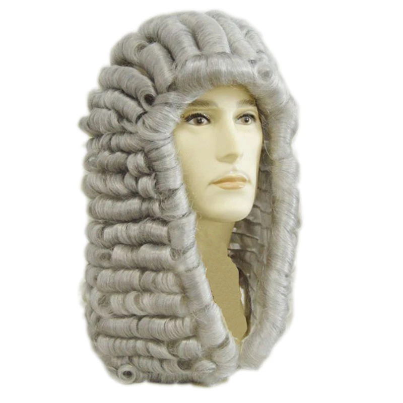 Barroco rizado Grey hombre abogado juez Colonial Deluxe traje histórico sintético peluca Cosplay Halloween