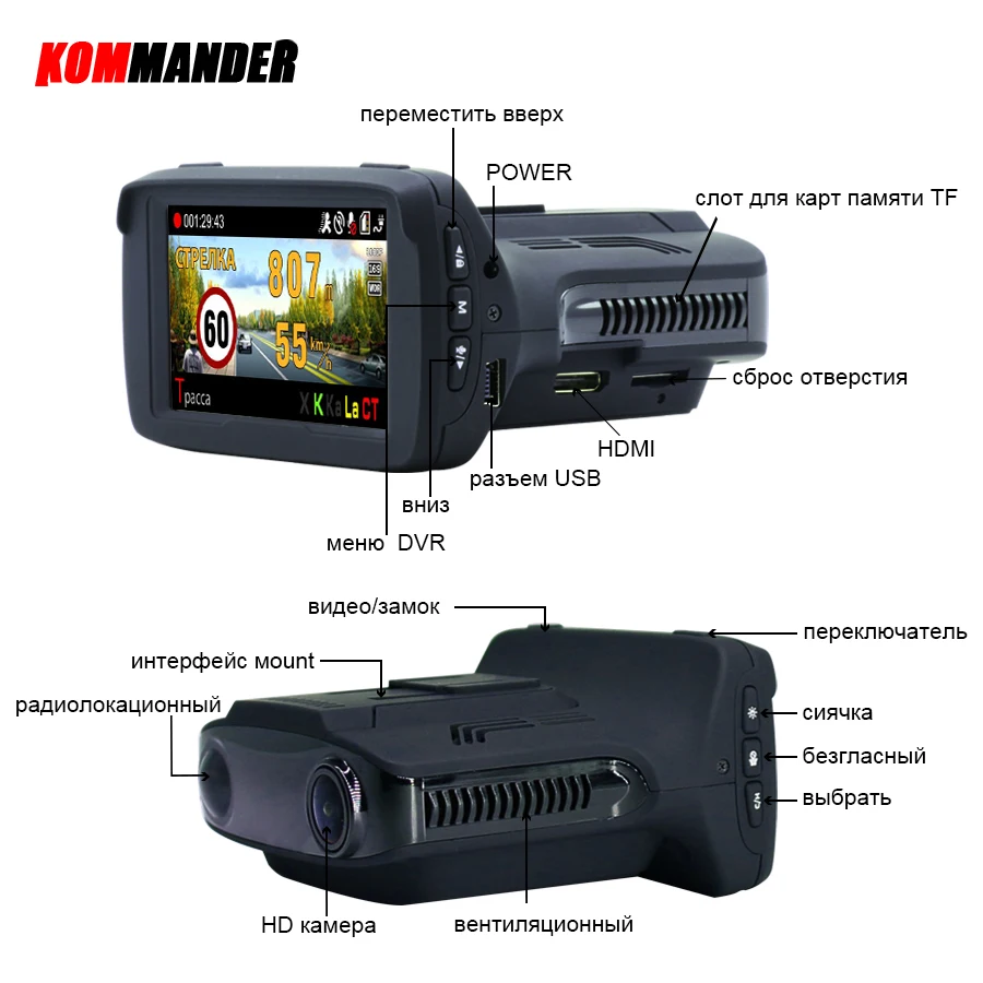  Kommander Ambarella Car DVR Camera Radar Detector GPS 3 in 1 LDWS FHD 1296P Video Loop recording Da