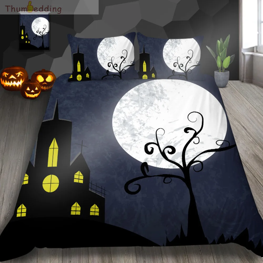 

Thumbedding Bright Night Moon Bedding Sets King Size Castle Halloween Style Duvet Cover Set Western Festival Decoration Bed Set
