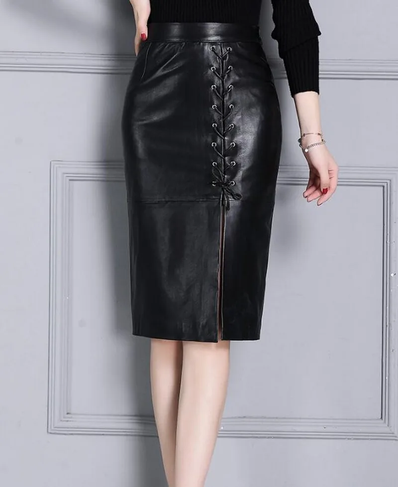 Осенняя женская Юбка До Колена со шнуровкой спереди, дизайнерская черная сексуальная юбка с разрезом, юбка с высокой талией из натуральной кожи для женщин