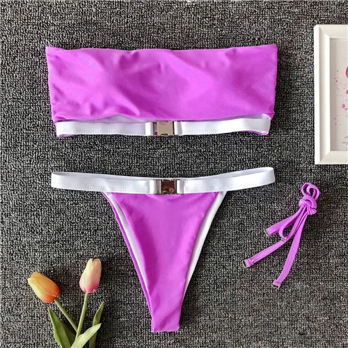 Purple Сексуальный сшивной Топ Бикини женский купальник комплект бикини из двух частей толстый купальный костюм для плавания - Цвет: Purple