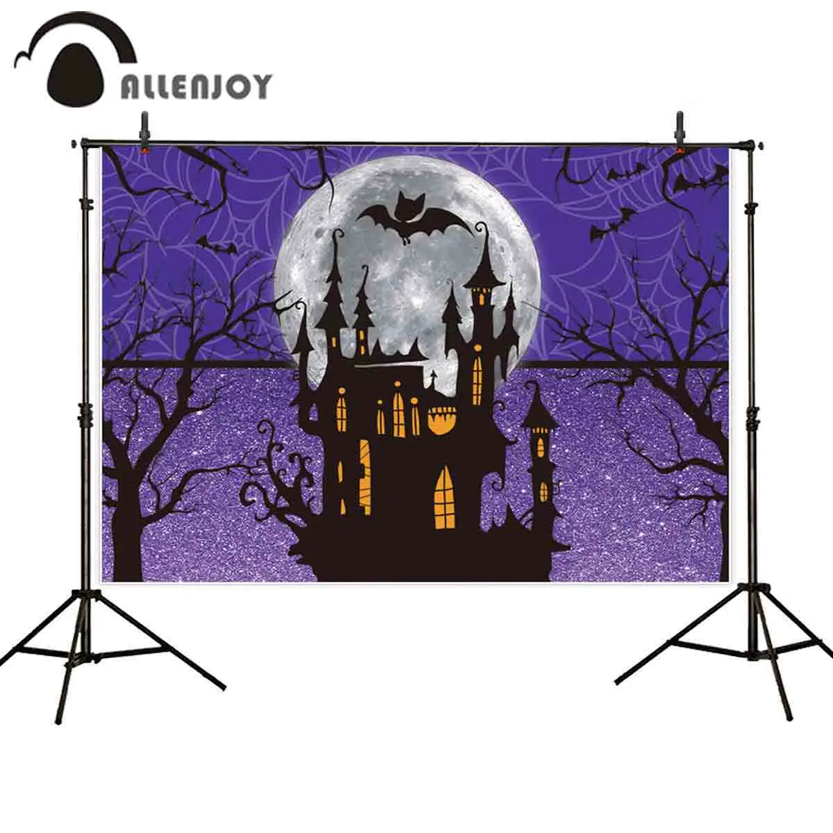 

Allenjoy halloween photographic backdrop black castle full moon night bat glitter photo shoot prop photocall photobooth