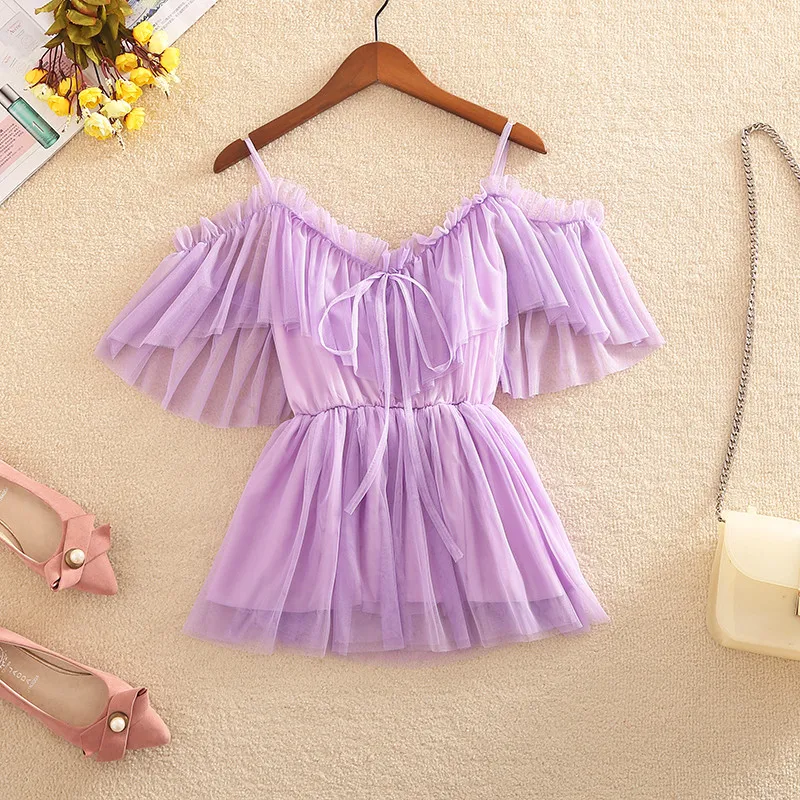 

2019 Spring Summer Women Slash Neck Ruffles Shirt Sweet Tie Bow Lace Blouse Female Short Sleeve Bottoming Mesh Blouses Tops 1355