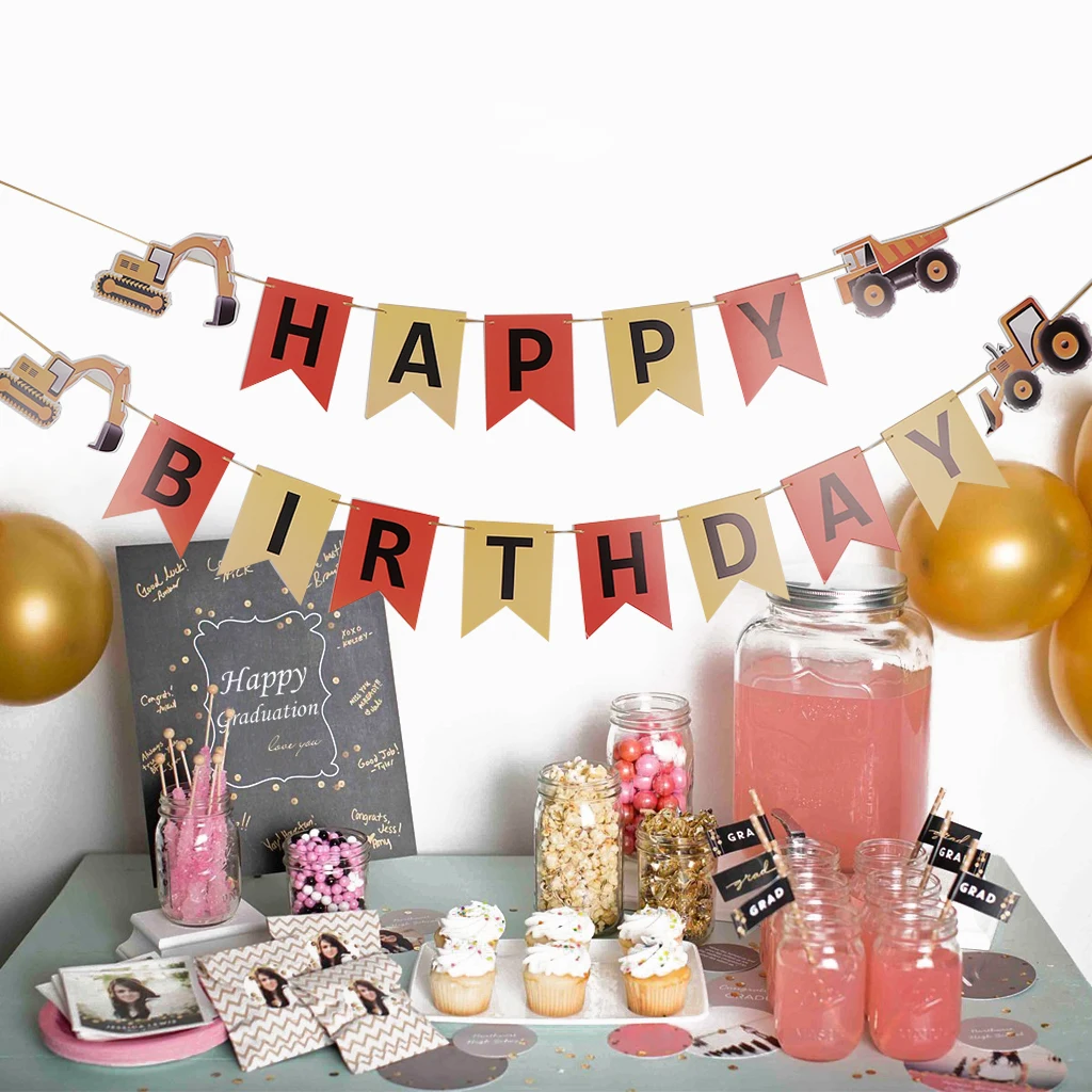 Happy Birthday Tractor Car Paper Bunting Banner Garland Sign Baby Shower Nursery Kids Room Decor Photography Prop