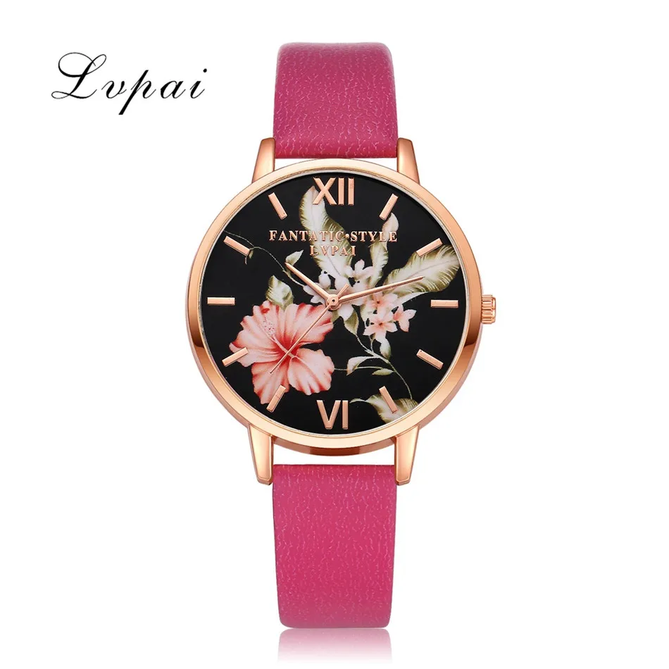 Lvpai Brand Women Bracelet Watch Fashion Rose Gold Flowers Leather Simple Women Dress Watches Luxury Business Clock Watch