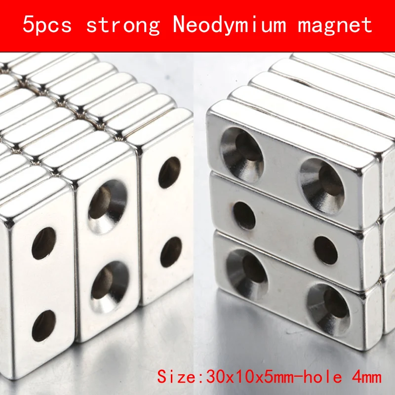 

5PCS square block magnet 30*10*5MM two hole 4MM n35 Rare Earth strong Permanent NdFeB Neodymium Magnet