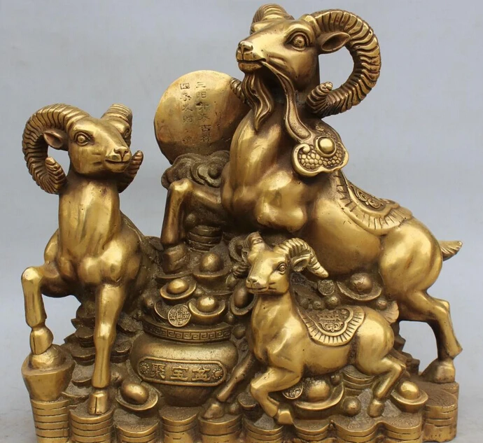 

shitou 001232 15" Chinese Folk Bronze Zodiac Year Three Sheep Goat Wealth Treasure bowl Statue discount 30% (C0324)