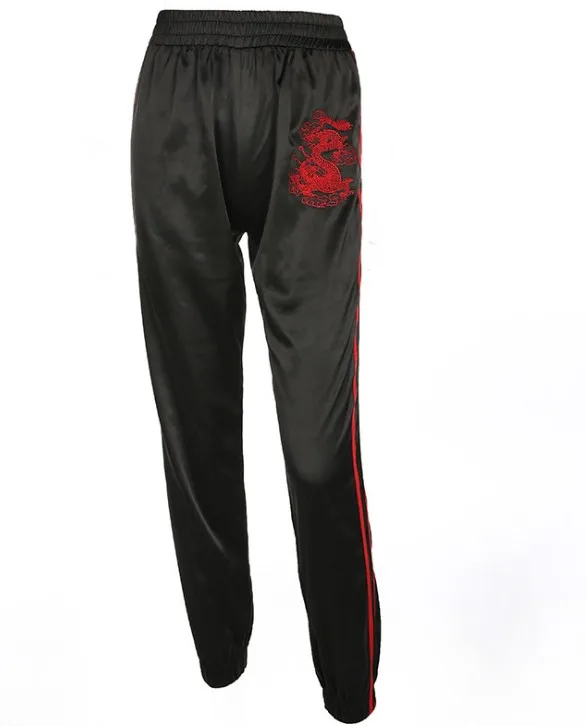TCJULY Харадзюку Тигр и дракон вышивка сбоку полосатые брюки женские Высокая талия лодыжки окаймленные брюки карандаш брюки - Цвет: Black
