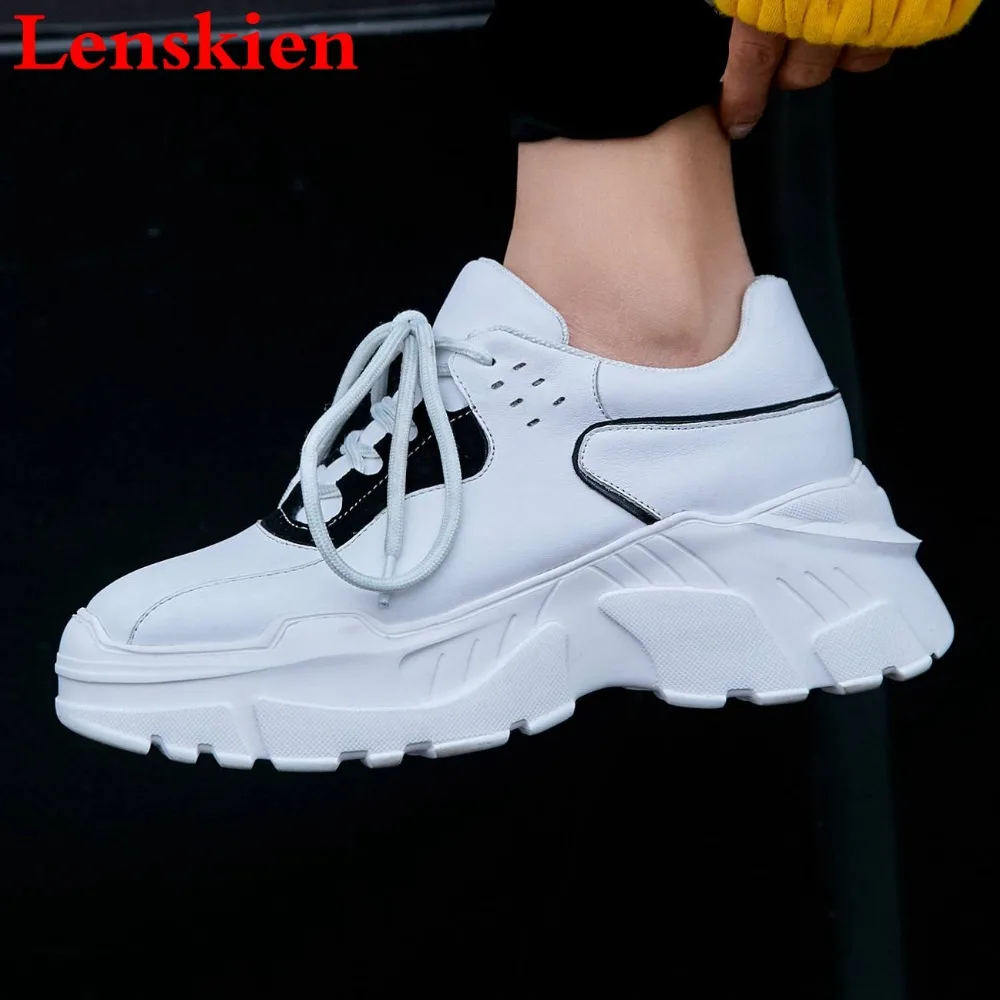

Lenkisen genuine leather popular new fashion white sneakers lace up thick bottom flat platform increased vulcanized shoes L11