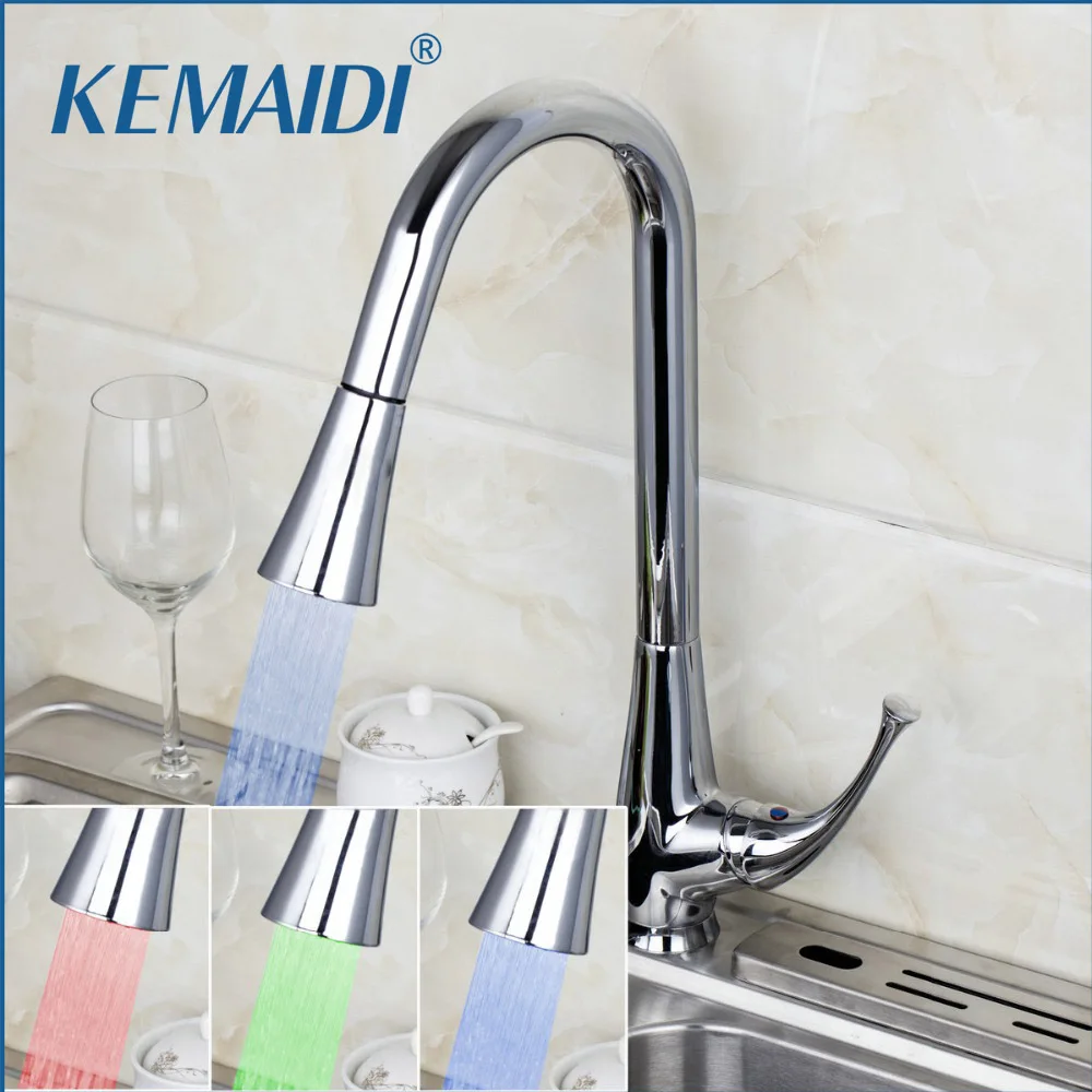

KEMAIDI LED Light Chrome Kitchen Pull Out Swivel Sprayer Basin Sink Single Handle Deck Mount Torneira Cozinha Mixer Tap Faucet
