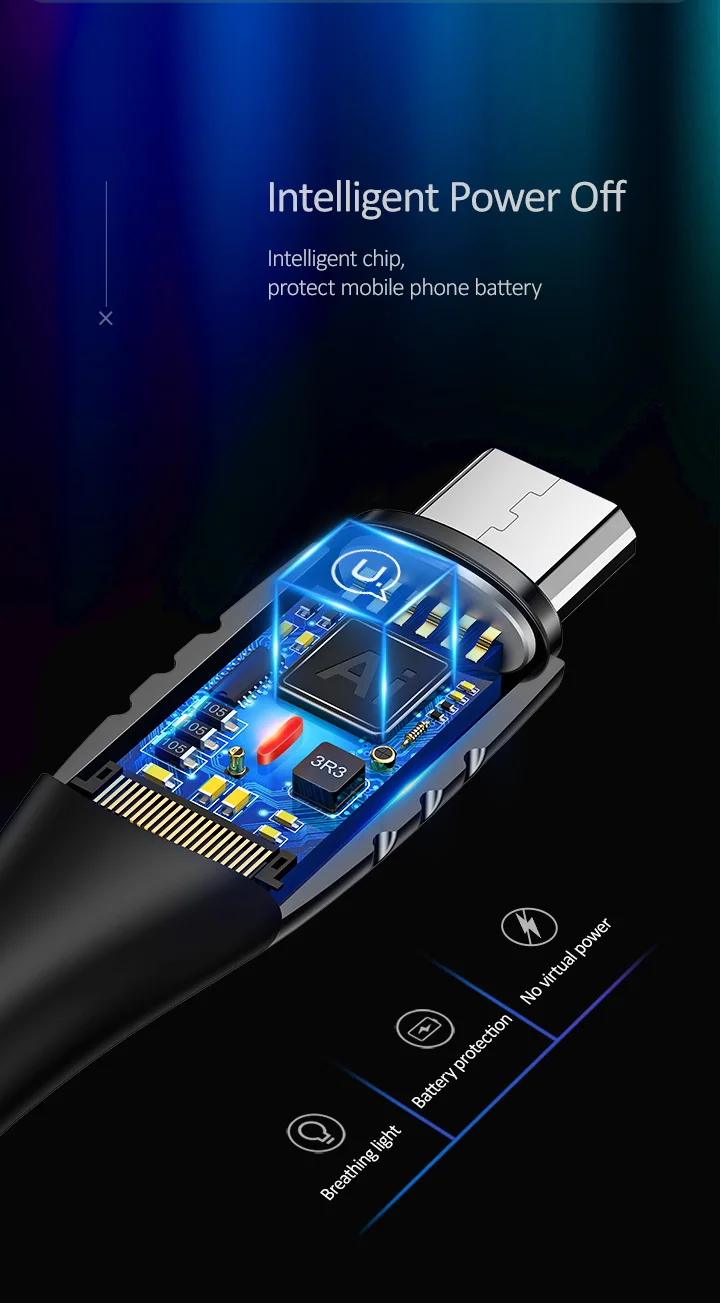 USAMS Micro USB кабель с автоматическим отключением кабель с нейлоновой оплеткой светодиодный светильник, поддержка QC 3,0 кабель быстрой зарядки