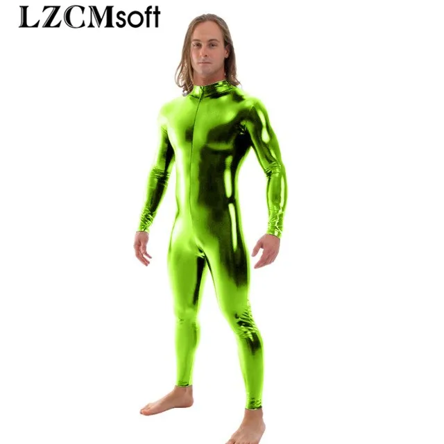 LZCMsoft мужские блестящие металлические Косплей Unitard полное тело зентай костюм основные сценические костюмы на молнии спереди Боди Колготки - Цвет: Lemon Green