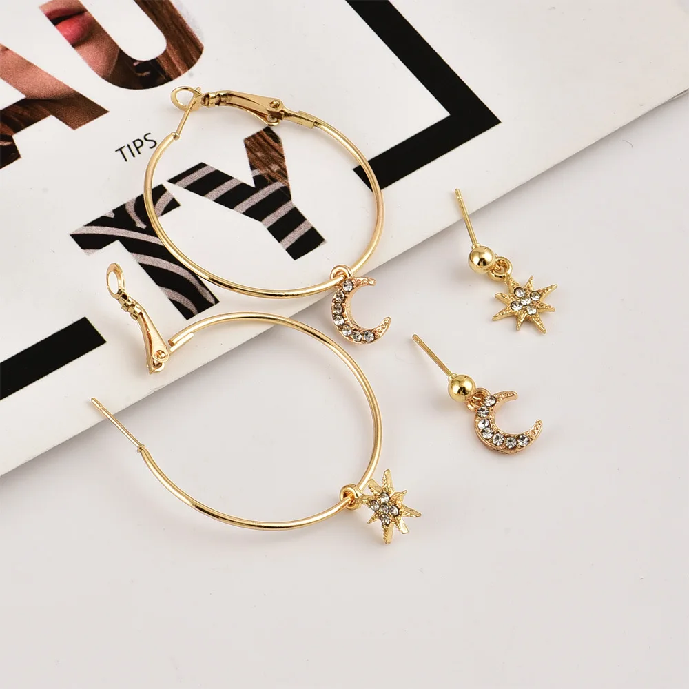 Популярный золотой набор серег-колец с кулоном в виде луны и звезд для женщин, Эффектные серьги, модное ювелирное изделие