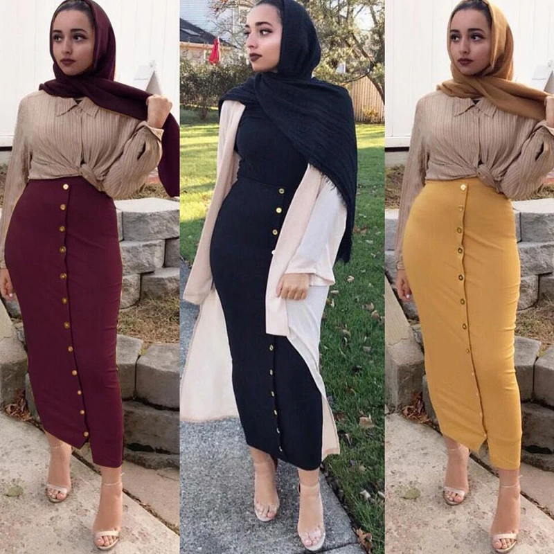Plus Size 2018 Summer Abaya Musulmane Women High Waist Button Bodycon