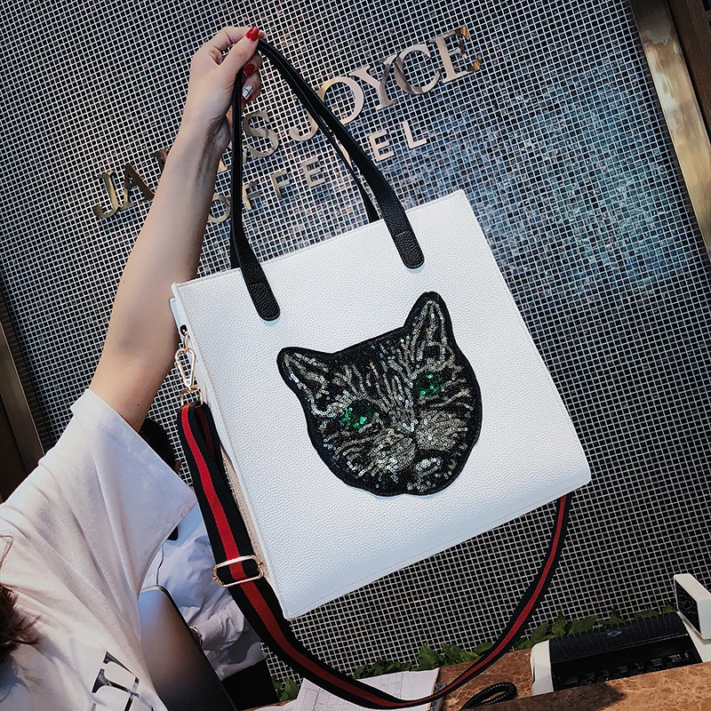 

Cat head sequins tote bag female large capacity shoulder Messenger bag European station summer new wide shoulder strap handbag