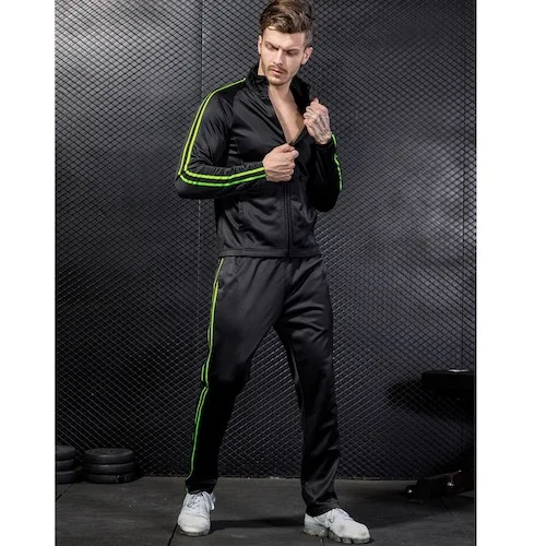 MA56, набор для бега, куртка+ штаны, мужской спортивный костюм, для футбола, фитнеса, тренажерного зала, комплект одежды, мужской спортивный костюм, спортивные костюмы в полоску из флиса - Цвет: Black with green