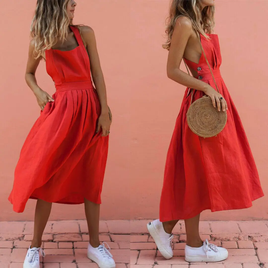 

Fashion Women Ladies Solid Holiday Boho Strappy Slim Casual Long Dress Evening Party Club Summer Beach Sundress S-XL