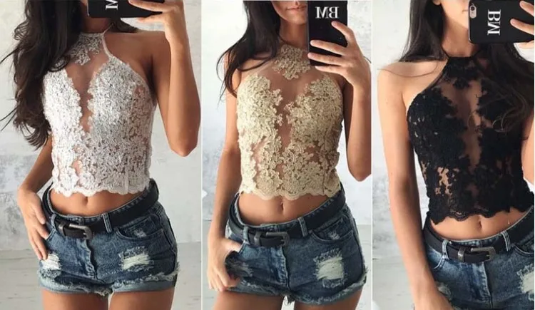 

Women Halter Lace Hanging neck Off Shoulder Camisole Crop Top Gold Embroidery Vest Shirt Vest Female Zipper White