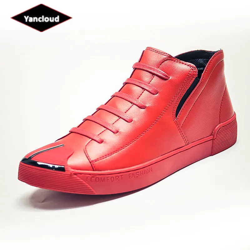Top Quality Men's PU Casual Shoes Breathable New 2019 High Top Skate Shoes Man Platform Black Dance Footwear Flats Male