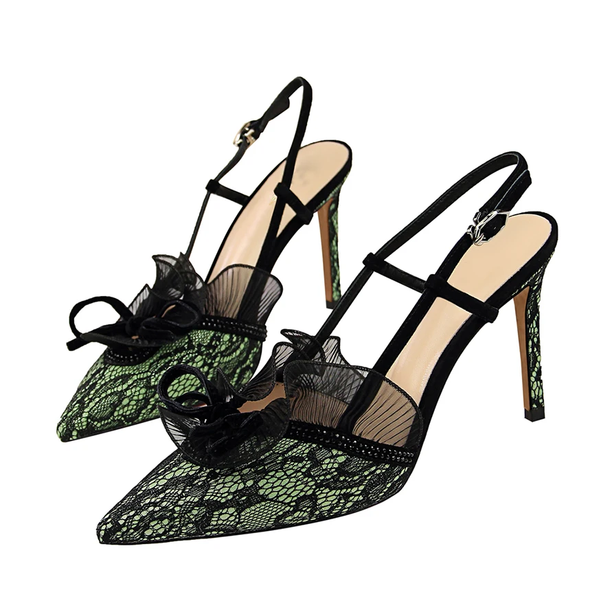 

2019 Women Summer 9cm Fetish High Heels Lace Sandals Stiletto Lady Pumps Female Escarpins Slingback Embroider Green Purple Shoes