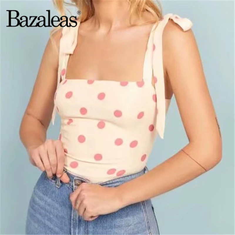

Bazaleas Fashion Adjust spaghetti straps Women Tank Top Retro Pink Dot Print women Camis France Elastic Top drop shipping