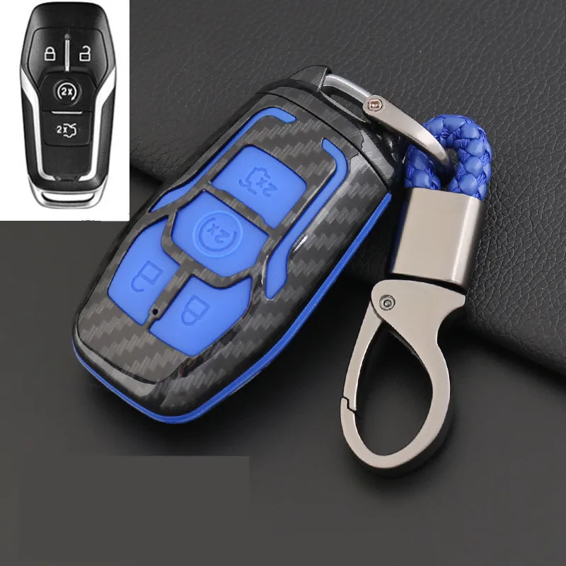 Углеродного волокна 4 кнопки Smart Key чехол для Ford Focus Explorer Taurus Mondeo Ranger Fiesta Ecosport Автозапуск автомобилей stylin - Название цвета: Синий