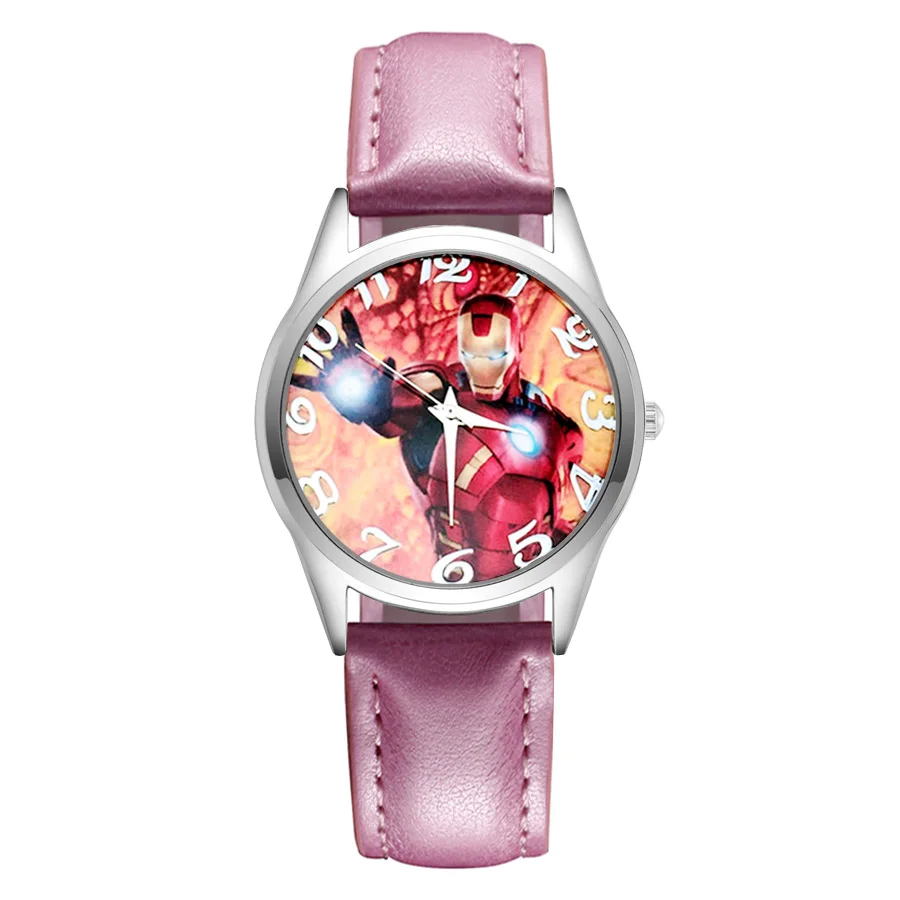 Мультяшные милые Мстители Железный человек стиль детские часы Дети студентов девушки кварцевые Кожаный ремешок наручные часы JC47 - Цвет: Pink