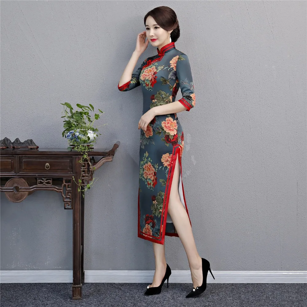 Шанхай история новая распродажа восточное платье китайские традиционные платья Длинные Cheongsam Цветочный принт Qipao Для женщин китайское