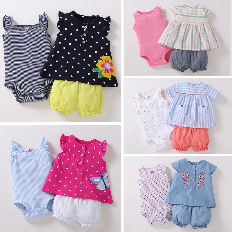 

Newborn Baby Girls 3pcs Clothes Short Sleeve Coat + Bodysuit + Shorts Dress Infant Baby Cartoon Cotton Suit Sling Rompers Outfit