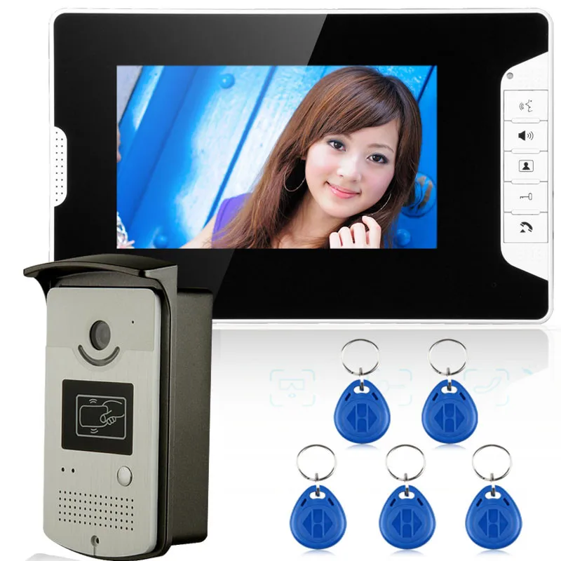 7 "видеодомофон дверная телефонная система с 1 белым монитором 1 RFID считыватель карт HD дверной звонок камера в наличии оптом