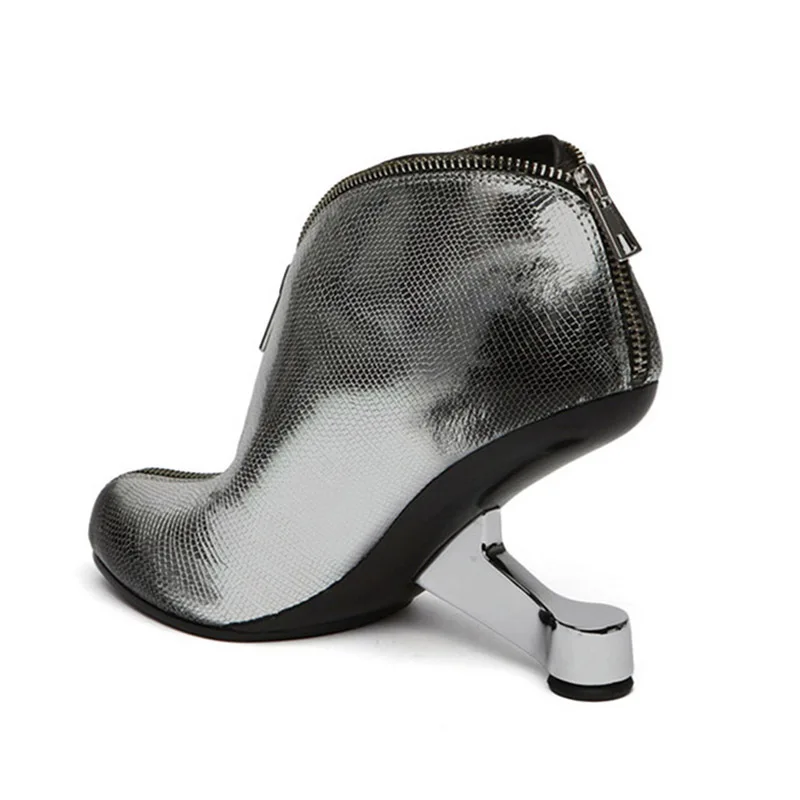 WETKISS/необычные женские ботильоны на высоком каблуке обувь на молнии с круглым носком женские ботинки из коровьей кожи с принтом на странном каблуке Женская Осенняя обувь