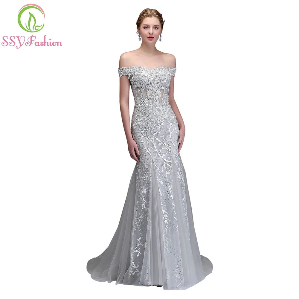 

SSYFashion New Luxury Mermaid Lace Evening Dress High-end Banquet Elegant Grey Appliques with Beading Fishtail Prom Party Gown