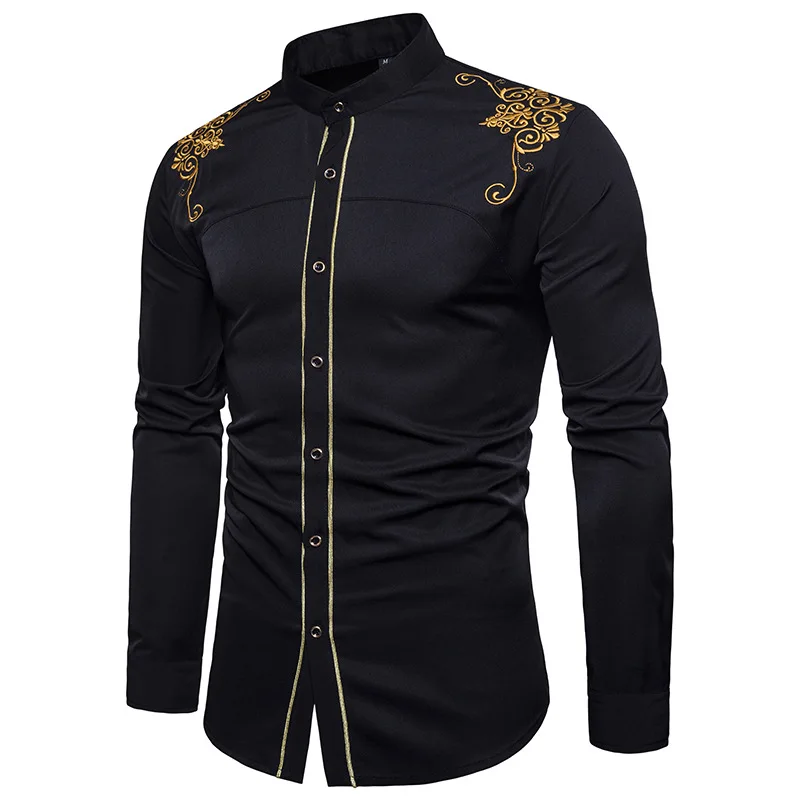 Chemise Homme Весенняя королевская Стильная однотонная рубашка с цветочной вышивкой приталенная Повседневная рубашка с длинным рукавом XXL