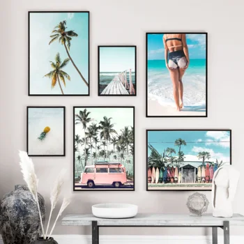 

Pink Bus Sea Beach Girl Coconut Palm Tree Wall Art Canvas Painting Nordic Posters And Prints Wall Pictures For Living Room Decor