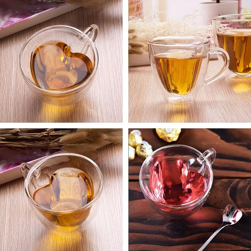 

SOLEDI 180ml Heart Shaped Double Wall Layer Clear Tea Cup Lover Coffee Cup Gift