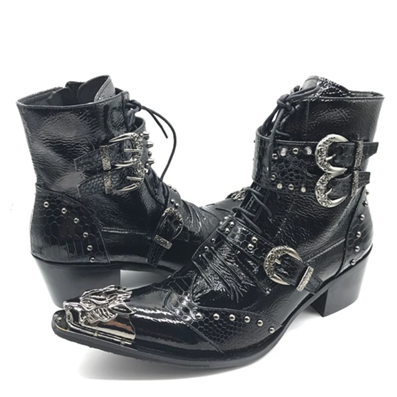 New Punk Style Genuine Leather Men Ankle Boots Iron Pointed Toe Lace Up Mens Military Cowboy Boots