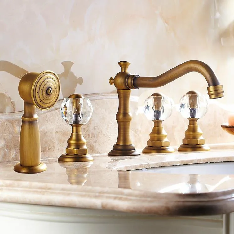 

Basin Faucets Antique Brass Deck 5 Holes Bathtub Mixer Faucet Handheld Shower Widespread Bathroom Faucet Set Water Tap AST1147