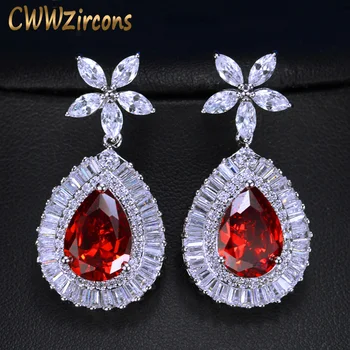 

CWWZircons Luxury Garnet Red CZ Jewelry Elegant Large Pear Drop Cubic Zirconia Womens Fashion Drop Dangle Earrings CZ387