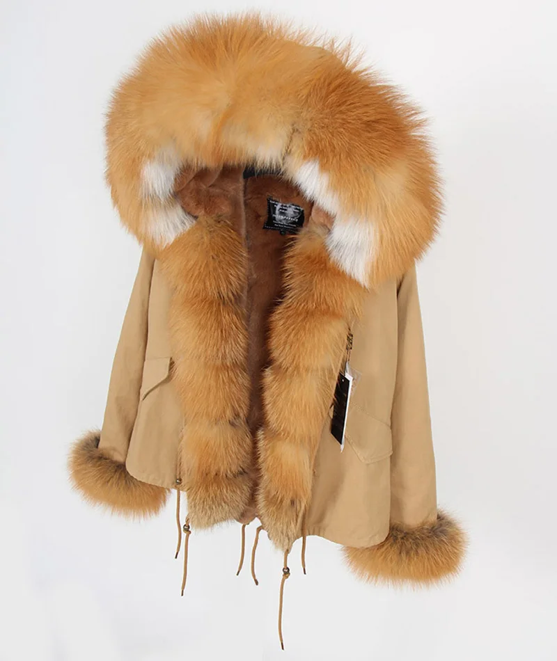 Модная зимняя куртка для женщин, пальто из натурального меха, Воротник из натурального Лисьего меха, свободные длинные парки цвета хаки, Большая Меховая верхняя одежда, съемная