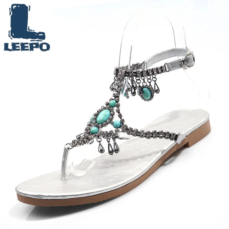 

Women Summer String Bead Gladiator Sandals Woman Crystal Peep Toe Ankle Strap Flats Boho Shoes Female Handmade Sandles