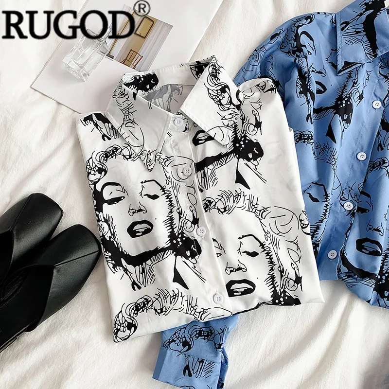 RUGOD Новая модная блуза с принтом Мэрилин Монро Женская Повседневная однобортная рубашка женская блуза Офисная Женская рубашка кимоно
