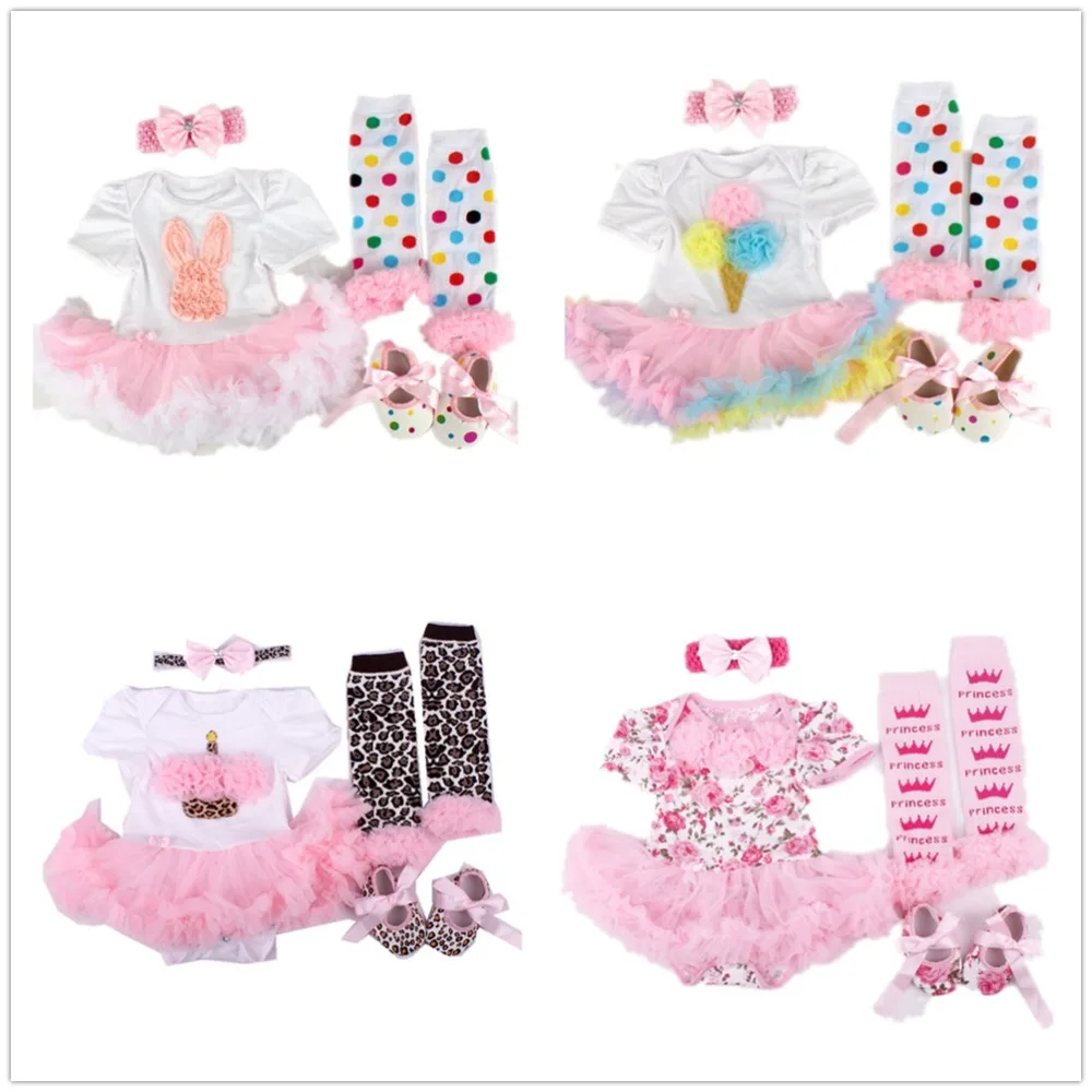 Baby Girl Dress Clothes Suit Infant Bodysuit Leggings Shoe Headband 4pcs Set Princess Girls Ball Gown Jumpsuits Cute Outfit Tops