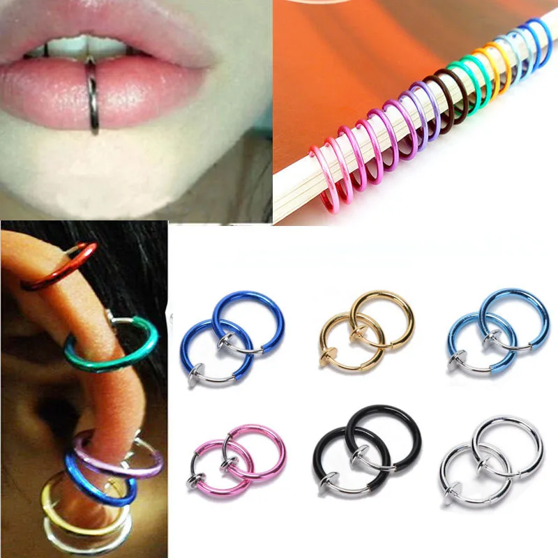 

2 PCS Clip on Boby Nose Lip Ear Fake Piercing Rings Stud 6 Colors Punk Goth False Hoop Earrings Septum