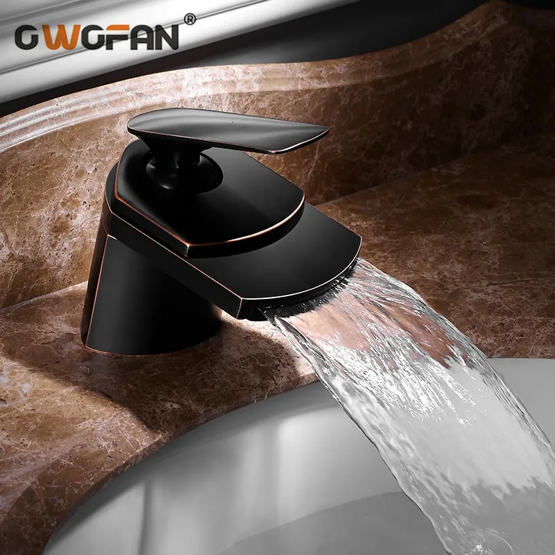 

Bathroom Black Waterfall Faucets Deck Mounted Basin Mixer Tap Brushed Sink Tap Vanity Hot Cold Water Faucet Basin Mixer Taps