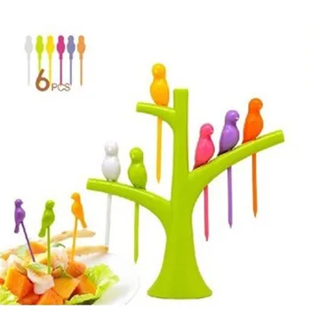 

6 PCS/LOT Birdie Fruit Fork Birds On The Tree Dessert Funny Forks For Cake Dinnerware Party Cocktail Event Party Supplies