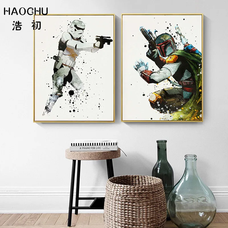 HAOCHU белый солдат черный воин Боба смелый герой аниме живопись на холсте